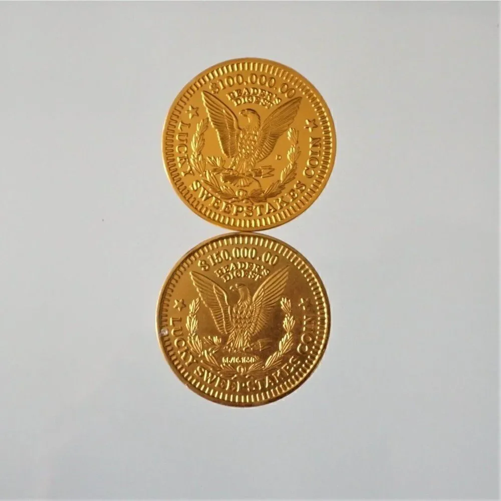 2 Vintage Collectible Readers Digest Lucky Sweepstakes D Coin Tokens 150K 100K